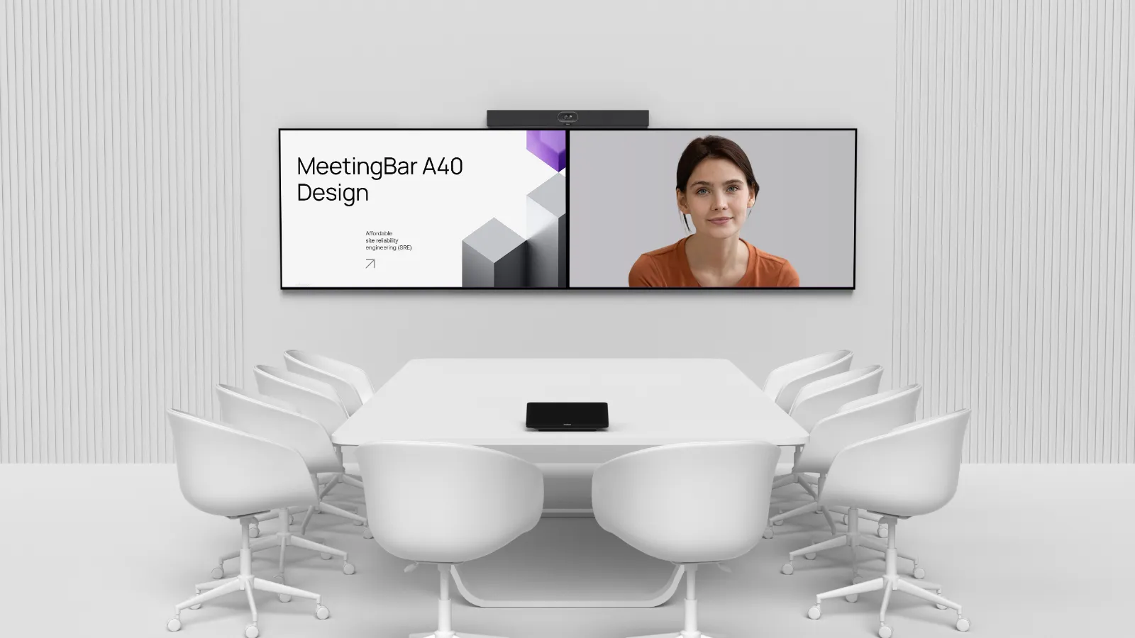 Yealink MeetingBar A40 pod dvoma obrazovkami v zasadačke