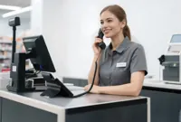 Náhľad: Predavačka telefonuje cez Yealink SIP-T73U pri pokladni predajne