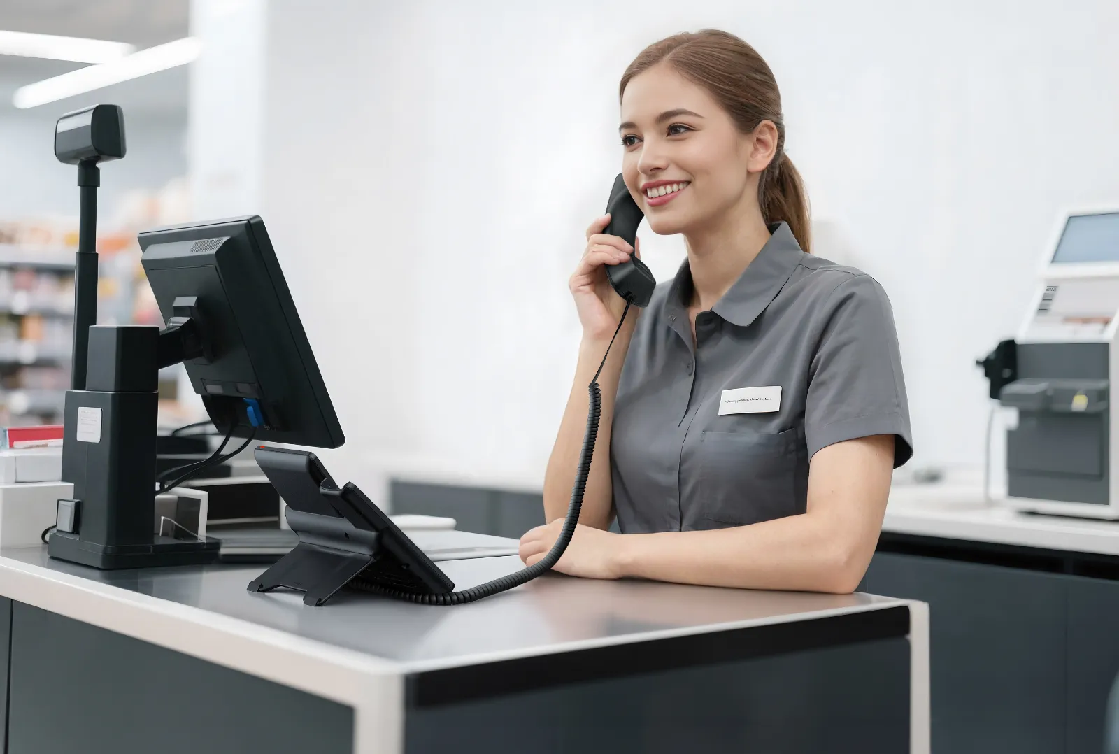 Predavačka telefonuje cez Yealink SIP-T73U pri pokladni predajne